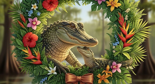 Crocodile in a tropical floral wreath.