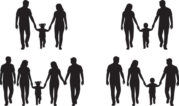 Vector silhouettes collection of happy families holding hands and walking together including parents daughters sons and extended family groups