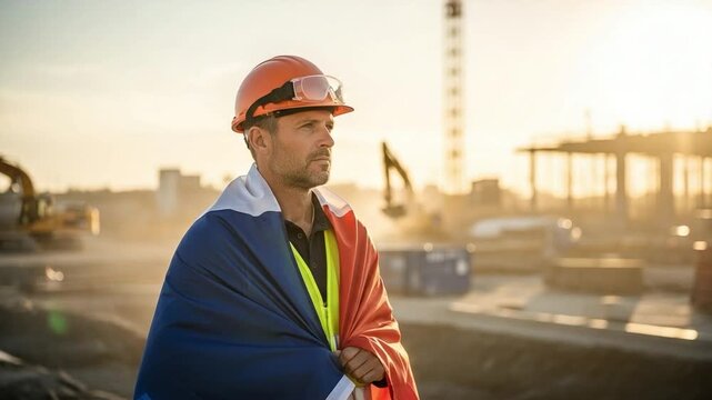 Male construction worker wearing hard hat draped in French flag at sunset on industrial building site, representing national pride, infrastructure development and labor industry