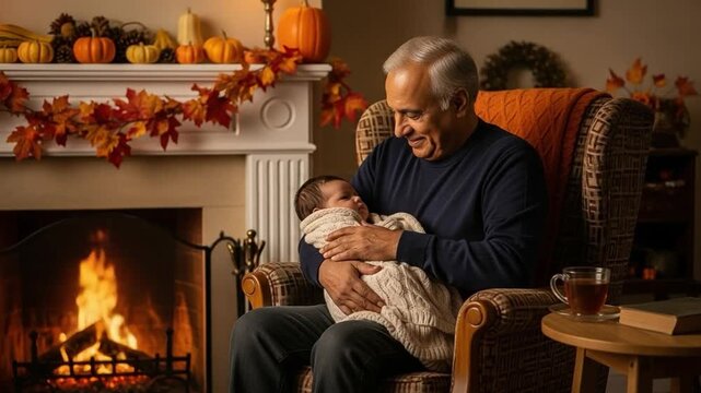 Senior grandfather holding newborn baby in cozy living room by fireplace with autumn decor, representing family bonding, intergenerational love, and holiday warmth