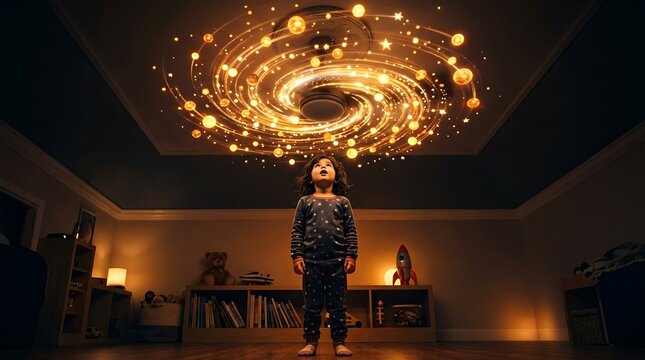 Little girl looking up at a magical glowing galaxy in her bedroom
