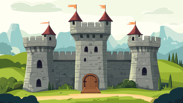 Animated medieval stone castle with four turrets, flags, and a central gate