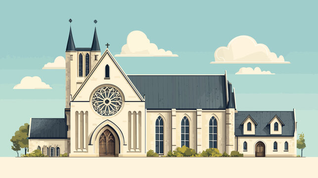 Illustration of a historic stone church with Gothic architecture, featuring a prominent rose window, sharp steeples, and detailed stained-glass windows under a partly cloudy sky