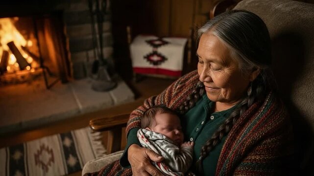 Elderly Native American grandmother holding a newborn baby in a cozy cabin by a fireplace, representing intergenerational love, family heritage, and peaceful bonding
