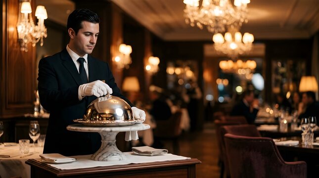 Professional waiter serving a meal under a silver dome in a luxury hotel