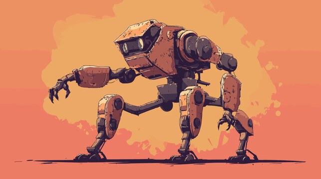 Robot with four limbs, bulky body, and camera eyes against orange sky