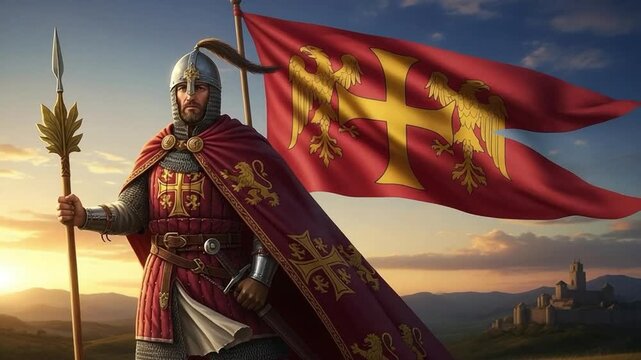 Medieval Knight Warrior Holding Spear with Heraldic Flag and Castle Background, Historical Fantasy Character Portrait for RPG Gaming and Epic Storytelling Concepts