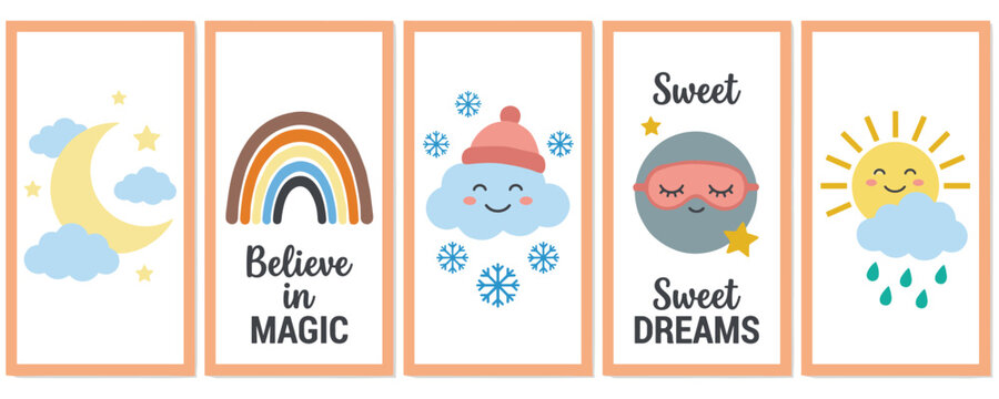 Cute nursery art with moon rainbow cloud sun and sweet dreams quotes.