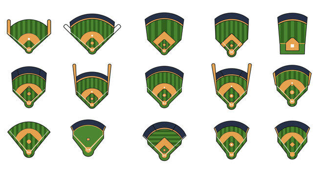 Collection of stylized baseball field diagrams in various orientations and perspectives, perfect for sports graphics and design projects