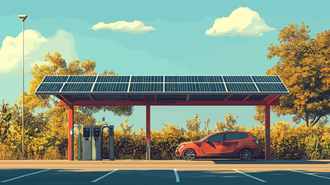 Parking lot with electric vehicle charging station under solar panel canopy