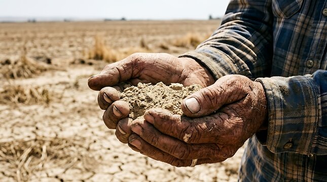 Farmer holding handful of dry soil in parched agricultural field with shortage