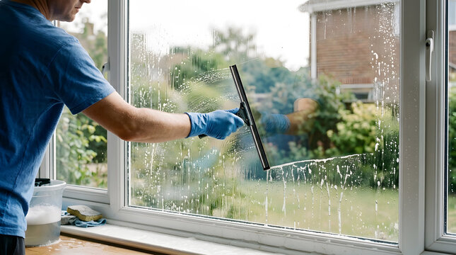 Professional Window Cleaner Using Squeegee on Glass | Residential Window Cleaning Services Close Up | Handyman Washing Windows with Soap and Squeegee | Exterior House Cleaning and Maintenance Services