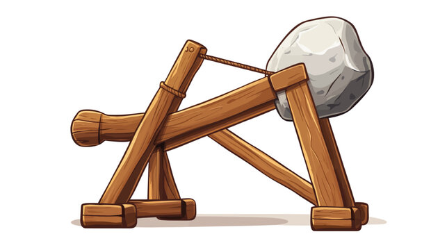 Cartoon wooden catapult with a large grey stone ready to launch