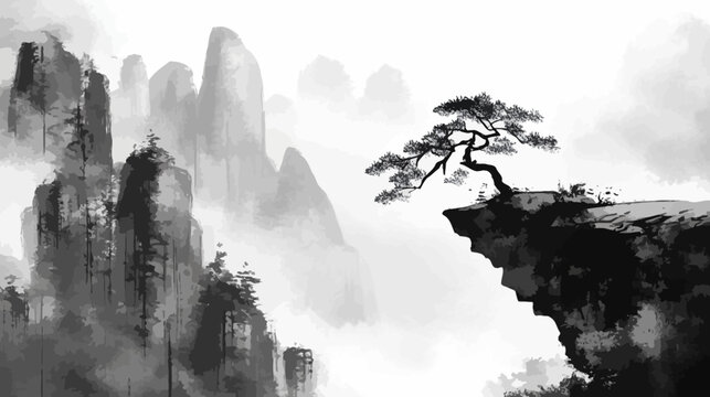 Monochrome landscape with steep rocky cliffs, misty mountains, and a lone windswept tree on a cliff edge