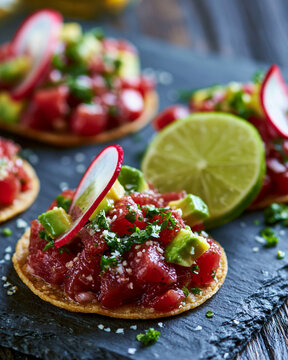 Elegant tuna tostada with avocado radish and lime on stone plate showcasing Latin American longevity nutrition and omega wellness