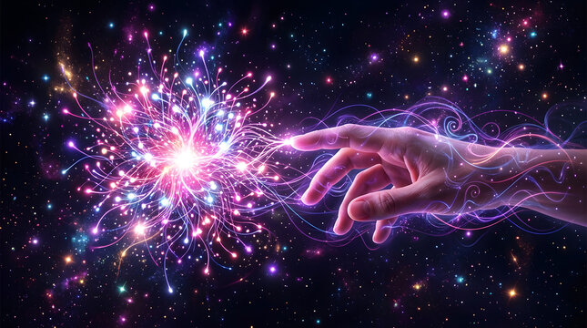 Surreal Human Hand Touching Cosmic Energy Spark | Abstract Space Background with Glowing Nebula and Hand | Futuristic Divine Creation and Magic Spark Concept | Mystical Universe Visual with Hand Reach