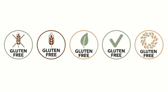 Gluten free badge collection, 5 organic food labels for packaging, wheat free dietary icons in earth tones, allergen sensitive vector set