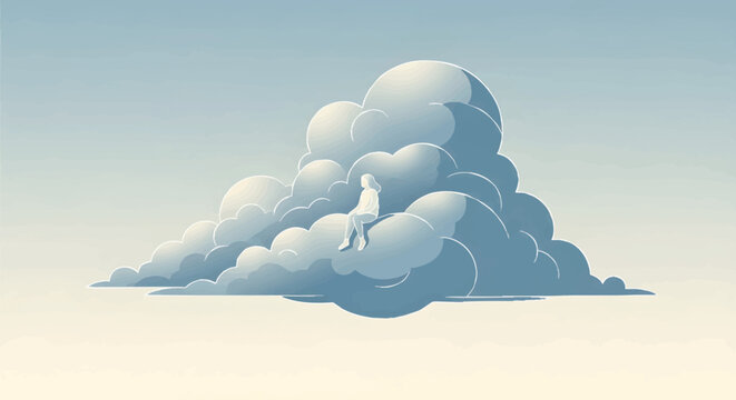 Minimalist Illustration of a Woman Sitting Alone on a Cloud for Mental Health and Mindfulness Concept