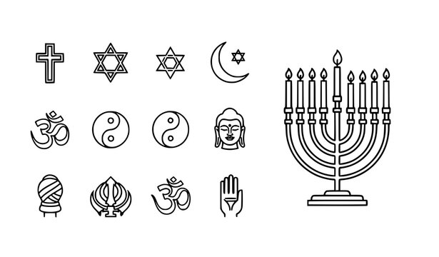Menorah and candle icon vector: black outline minimal design for websites, apps, and Hanukkah graphics