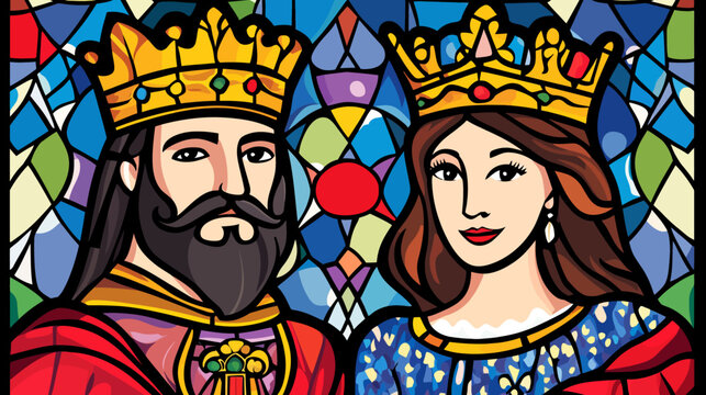 Colorful stained glass portrait of a king and queen wearing crowns