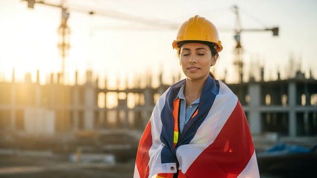 Young female construction engineer wearing hard hat and British flag at sunset, professional woman in civil engineering industry, concept of national pride and infrastructure development
