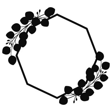 Black heptagonal geometric frame with botanical leaf silhouettes on white background