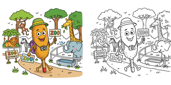 Cartoon Corn Dog Character Visiting Zoo Illustration and Coloring Page Vector for Kids