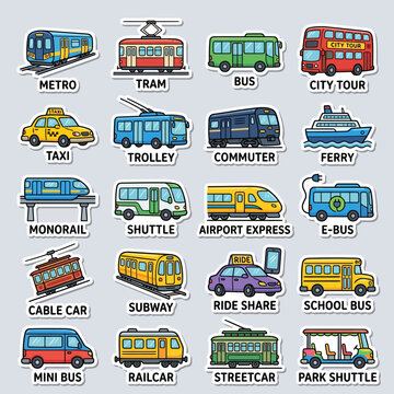 Diverse Cartoon Transportation Vehicles Collection with Names.