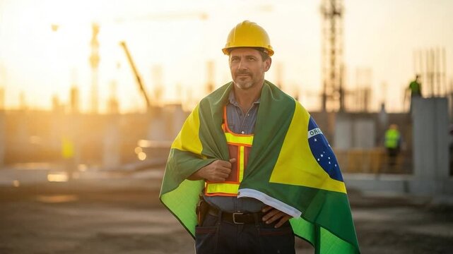 Middle aged male construction worker wearing hard hat and safety vest draped in Brazilian flag standing on industrial building site at sunset representing national pride