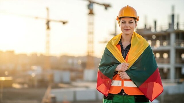 Young female construction worker wearing hard hat and safety vest draped in Lithuanian flag standing at building site representing national pride and industry