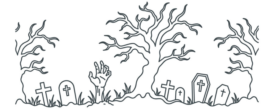 Spooky halloween graveyard with zombie hand, gravestones and dead trees.