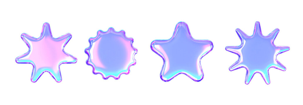 Prismatic 3D star stickers and badges isolated on transparent background, glossy holographic label shapes set