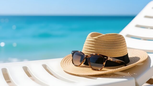 Tropical summer vacation concept, straw fedora hat and sunglasses on white beach chair, turquoise ocean water background