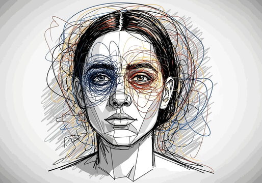 Abstract portrait of a woman with a split personality and emotional turmoil.
