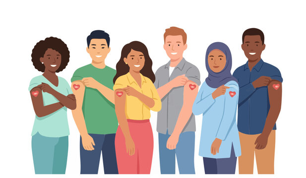 Diverse Group of Smiling People Showing Heart Bandages After Vaccination Concept Vector Illustration
