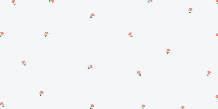 Seamless ditsy pattern of tiny pink carnation flowers on white background, minimalist floral print for kids and feminine design