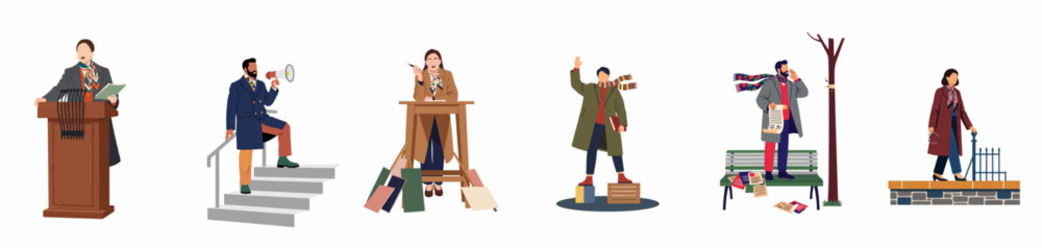Diverse collection of flat characters engaged in public speaking, announcements, and activism across various platforms and settings, from formal lecterns to casual outdoor spaces.