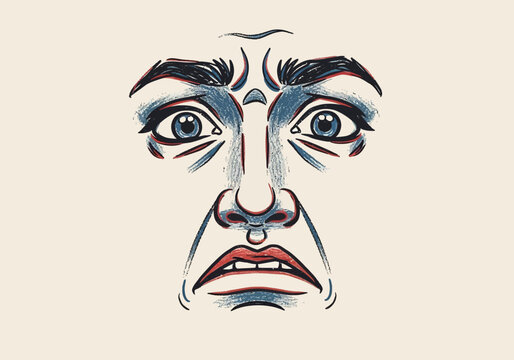 Distressed Face Illustration with Intense Eyes and Wrinkled Nose.
