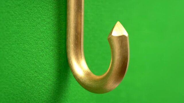 Gold metal hook close up on green background