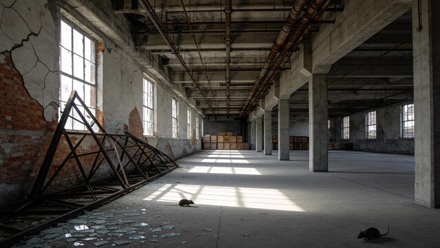 Empty warehouse with rats and broken glass
