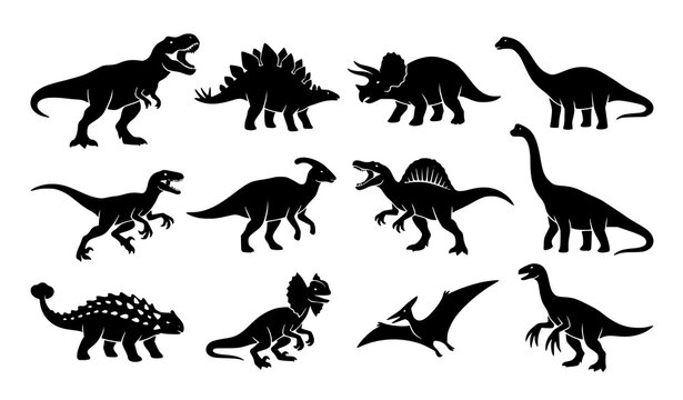 Various dinosaur silhouette poses vector illustration with prehistoric creatures isolated on white