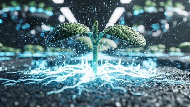 A young plant with glowing roots sprouts from the ground amidst futuristic blue energy.