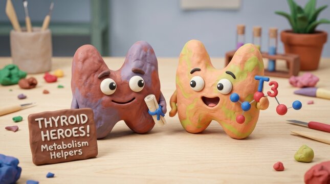 Claymation style thyroid gland characters holding a t3 hormone molecule and a scroll on a wooden craft table
