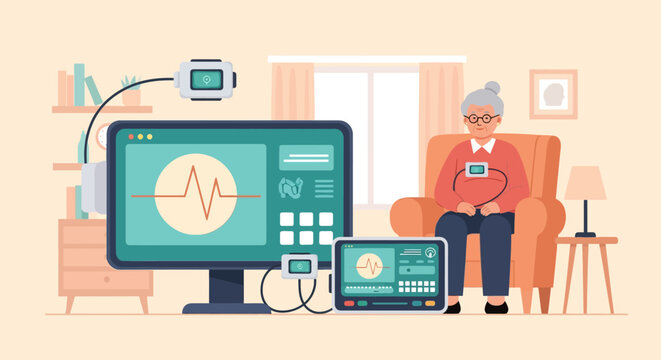 Vector graphic representing remote elderly care monitoring technology and senior assistance systems