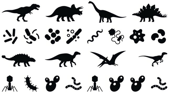 Set of silhouettes of dinosaurs and various microorganisms, bacteria, viruses, and parasites isolated on white background