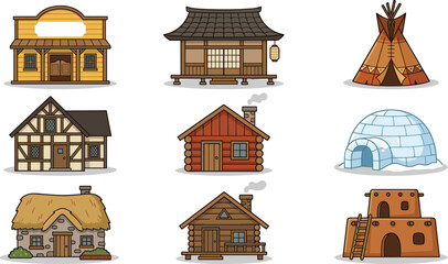 Cartoon traditional houses and historical dwellings set from different cultures and eras vector illustration © MdRobiul
