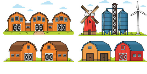 Cartoon farm buildings set with wooden barns agricultural silos windmill and turbine vector illustration © MdRobiul