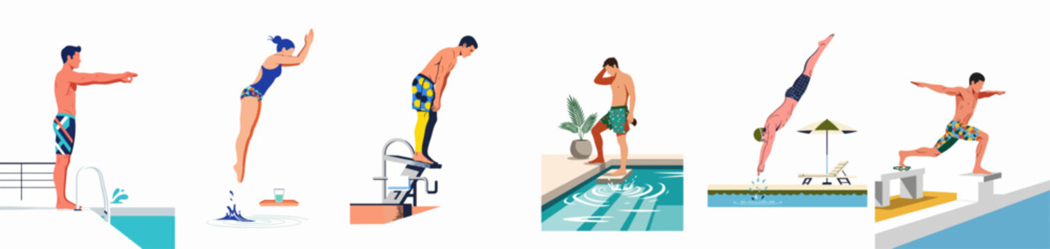 Collection of flat vector illustrations depicting diverse people diving and preparing to swim in various swimming pool settings.