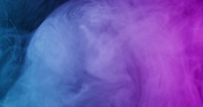 Neon swirl vapor. Explode glass. Defocused purple blue color gradient fume cloud vortex ink cracked texture on abstract background.