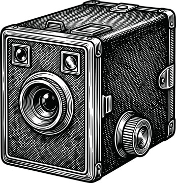 Detailed illustration of a vintage box camera, presented in a classic engraving style. Features a prominent lens, viewfinder, and manual dial, evoking a sense of nostalgia for early photography.